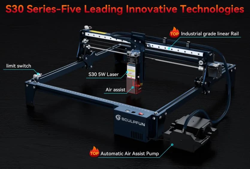Wood/leather/metal/acrylic/engraver/printer/ laser cutting machine, automatic/air-assisted control, S30 5W
