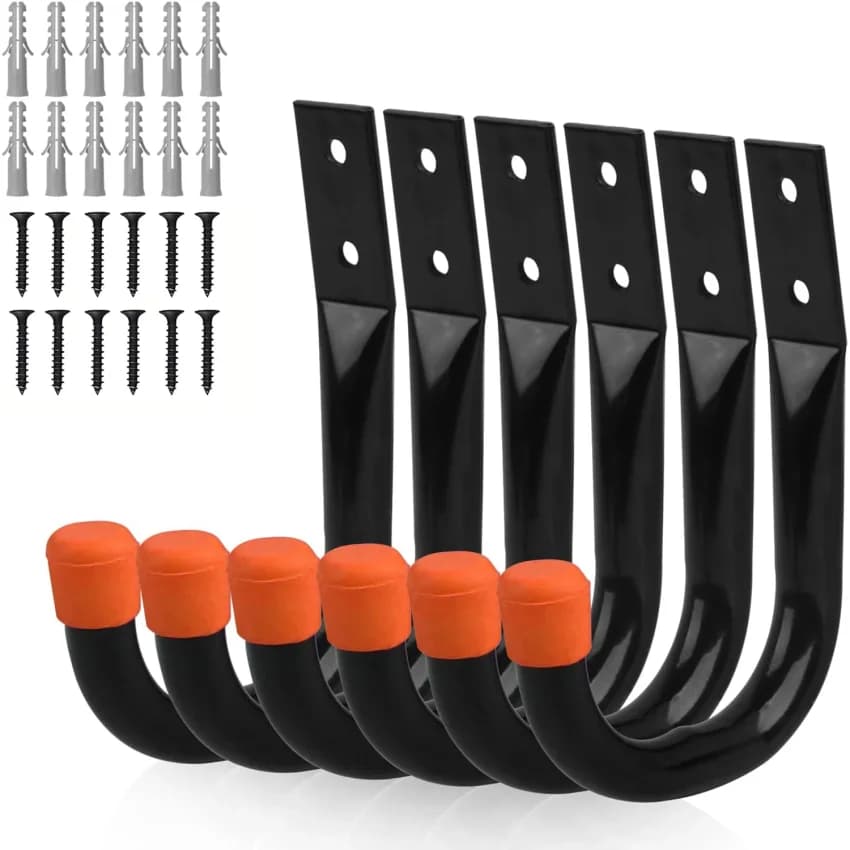 6-Pack Heavy-Duty Garage Hooks for Hanging, Large Garage Storage Hooks for Extension Cord Tools, Black Wall-Mounted J-Practical