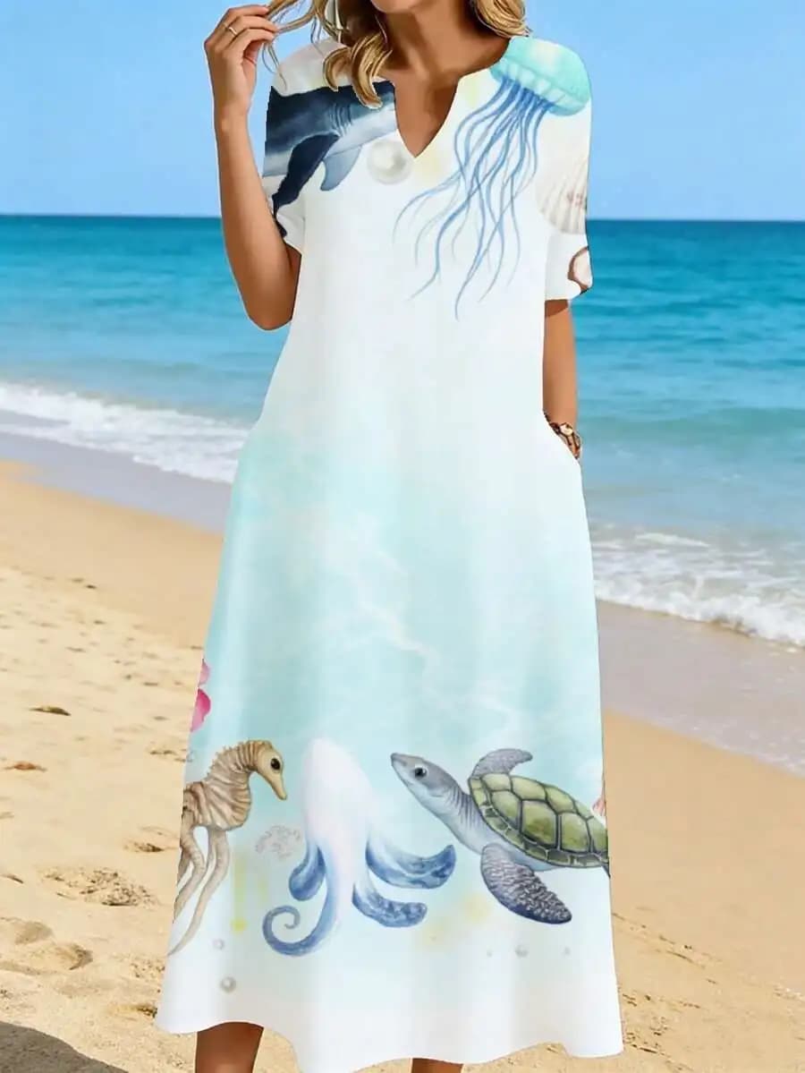 V Neck Midi Dress Light Blue Sea Life Print Dolphin Jellyfish Turtle Seahorse Beach Vacation Wear