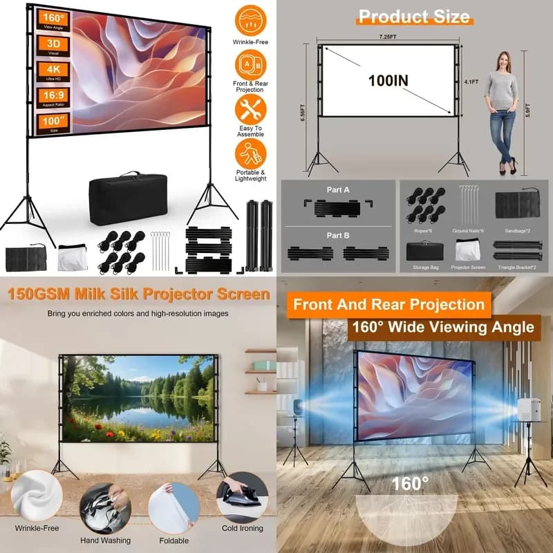 100inch/120inch Portable Foldable Movie Screen 16:9 4K HD Rear Front Wrinkle-Free with Stand Options Projector Screen