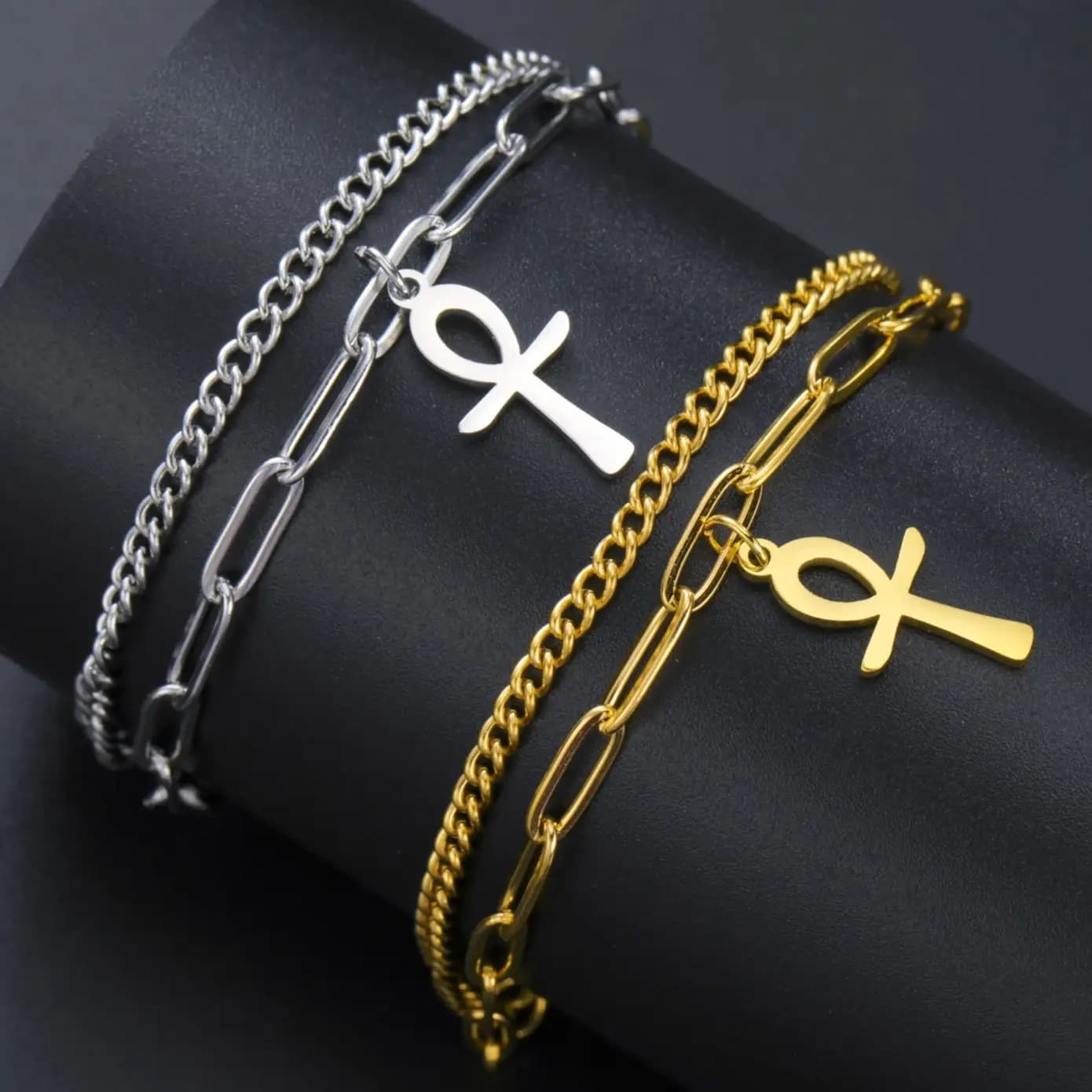 LIKGREAT Bracciale Egitto vintage Ciondoli Ankh Bracciali in acciaio inossidabile Gioielli da donna Doppia catena Simbolo della vita Croce Amuleto Anni
