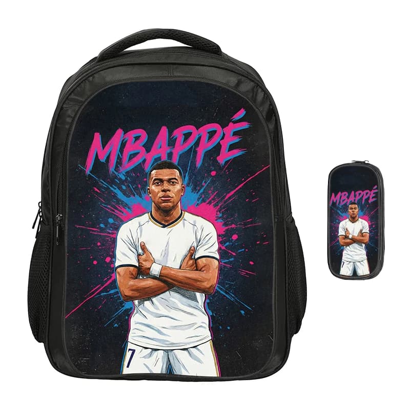 Large Capacity Football Star Rucksack School Double layered 2Pcs Set Backpack, Pencil Bags M-Mbappe School Bags