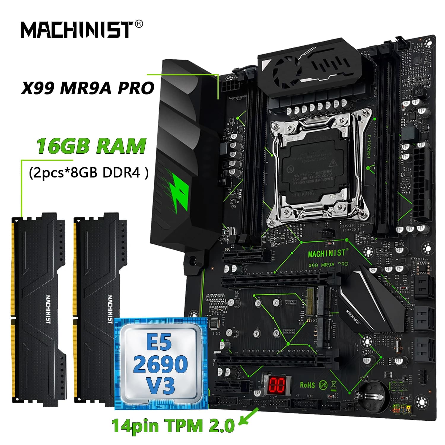 MACHINIST MR9A PRO X99 Kit set scheda madre LGA2011-3 Xeon E5 2690 V3 CPU DDR4 16 GB (2*8 GB) 2666 MHz RAM TPM 2.0 Combo opzionale