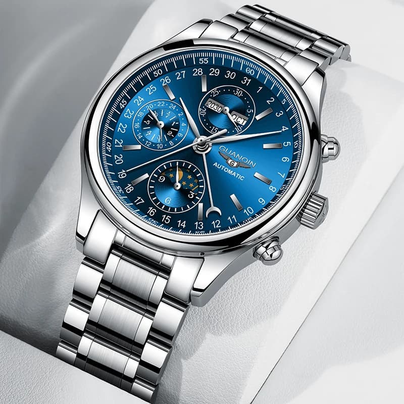 Luxury Business Automatic Watch for Men, Chronograph Moon Phase Stainless Steel Waterproof Wristwatch