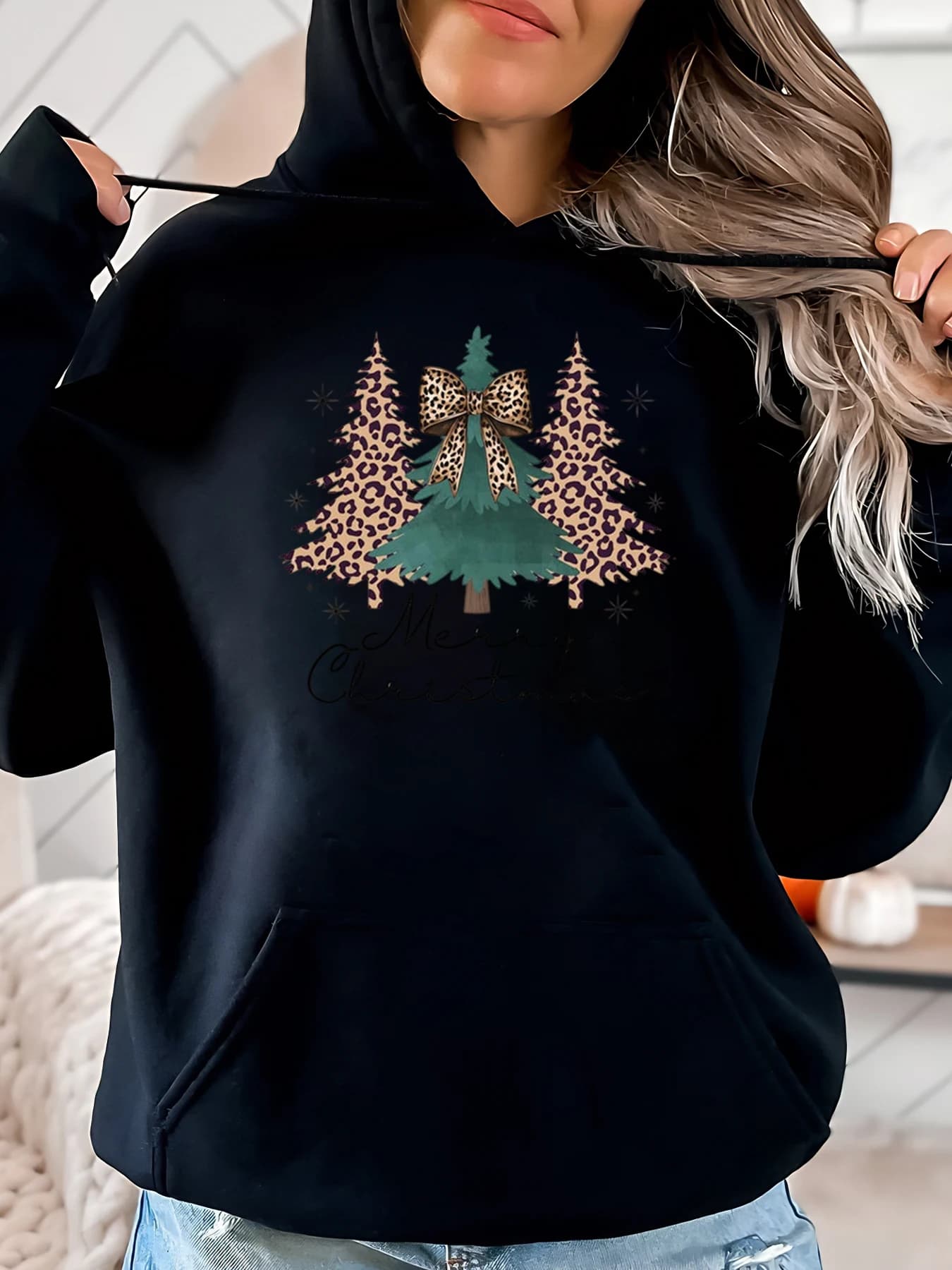 Women's Christmas Tree Printed Hoodie for Winter Holiday Casual Clothing Black Plus Sizes