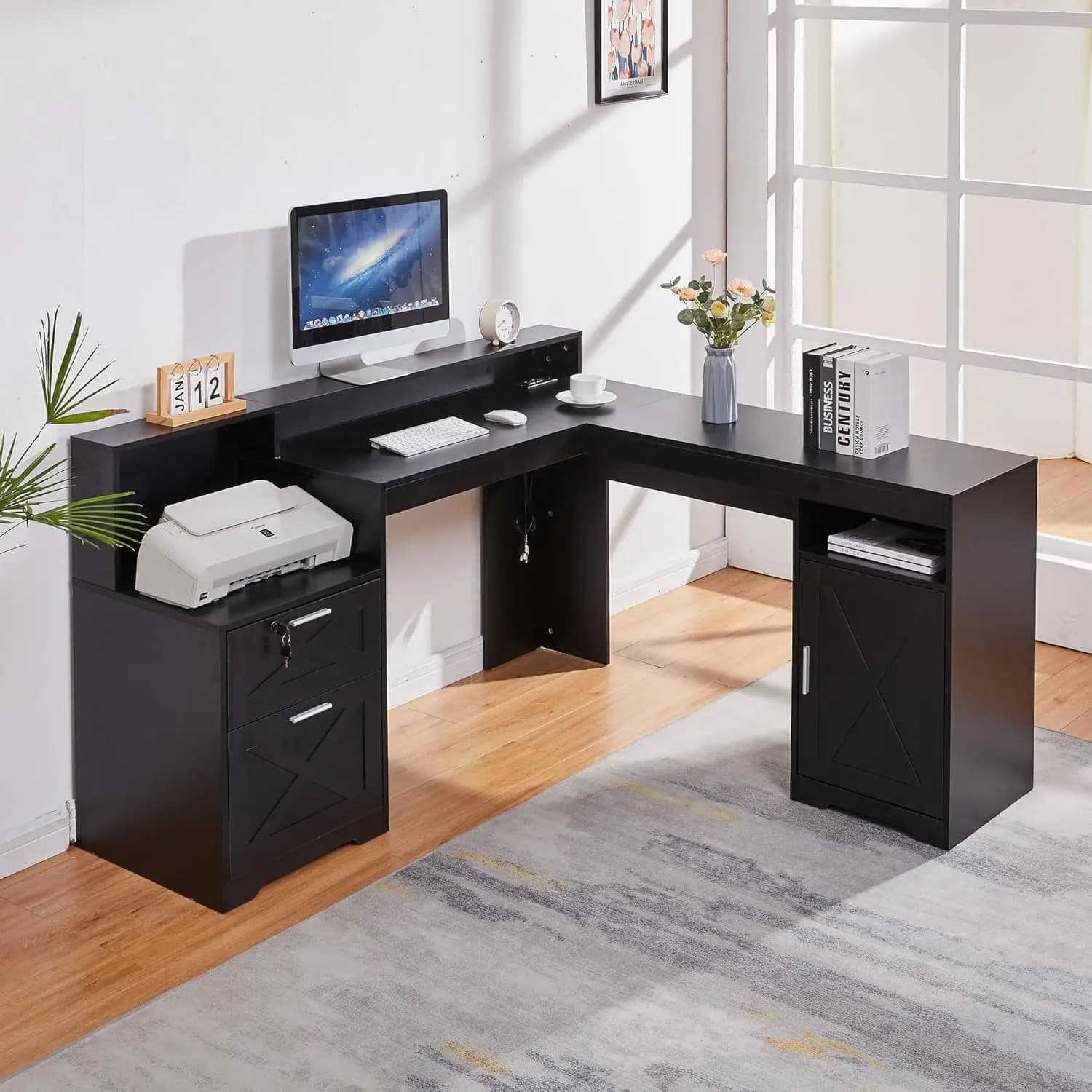 Scrivania a L da 60 Pollici con Prese di Corrente, Cassetti Chiudibili, Mobiletto Regolabile, Supporto per Monitor, Postazione di Lavoro ad Angolo per Ufficio, Personalizzabile
