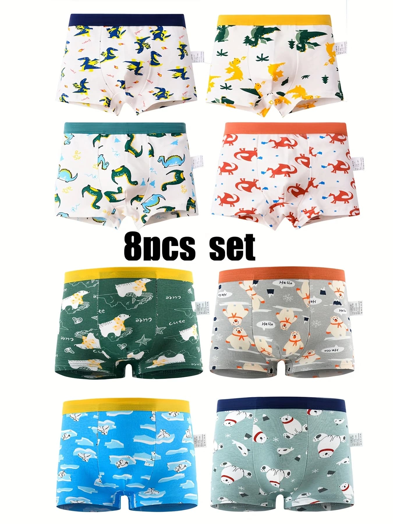 Set di 8 slip per bambini con simpatici motivi a cartoni animati, comodi e morbidi, con orsetto dinosauro sul retro.