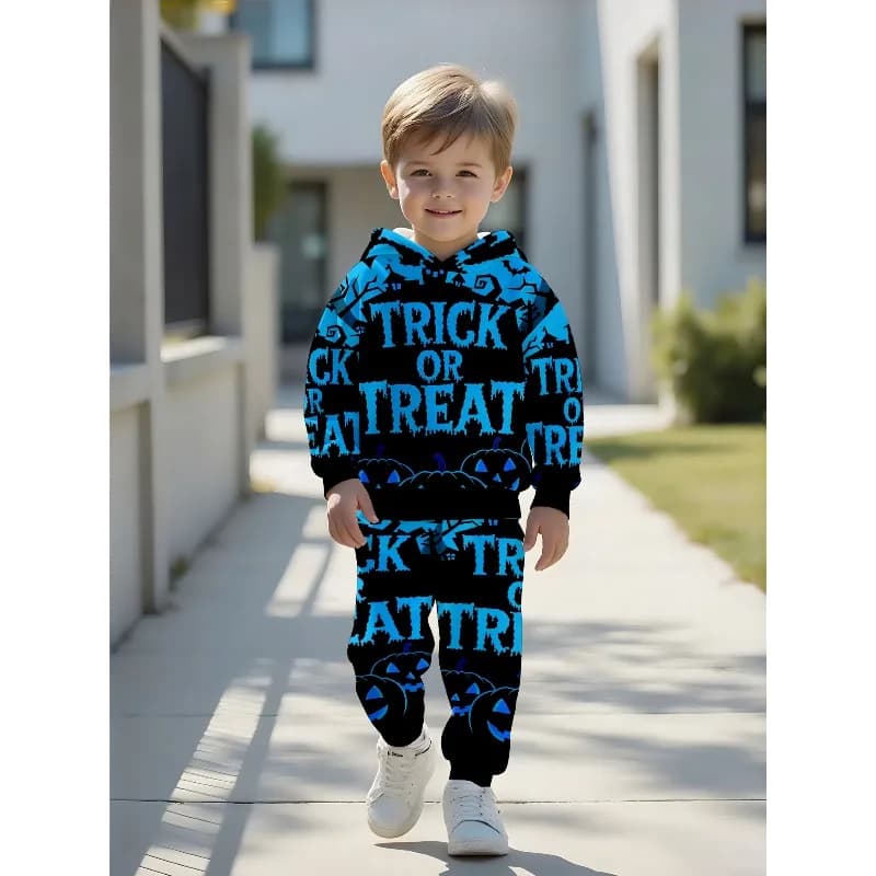 Boys Hoodie Jogger Set: Trick or Treat Pumpkin Print, Line Skull Graffiti, Colorful Monster Doodle Kids Tracksuit