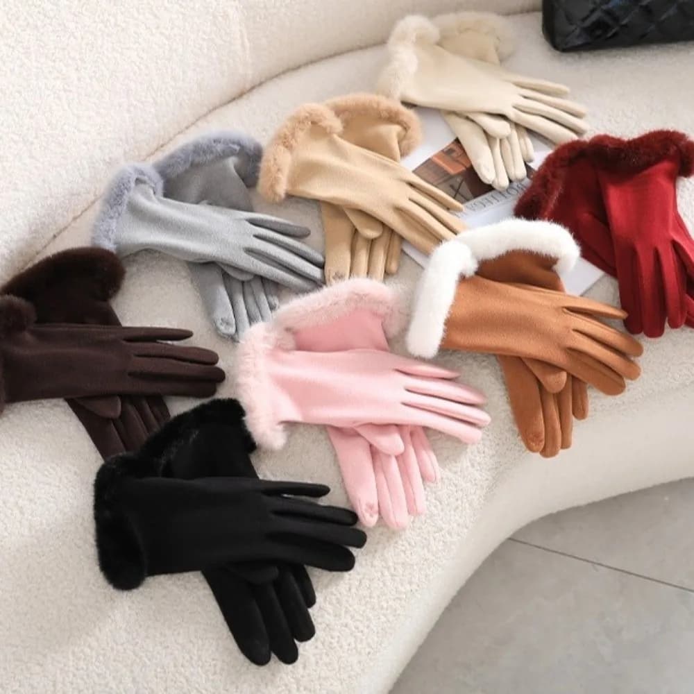 Casual Solid Color Suede Gloves Windproof Touch Screen Full Fingers Mittens Thicked Soft Cycling Mittens Autumn/Winter
