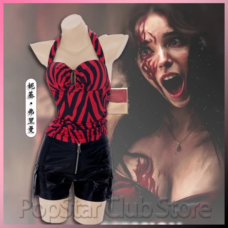 Movie Obsession Nikki Cosplay Costume Red Zebra Print Halter Top Shorts Two Piece Outfit Adult Cosplay Party Costume Halloween