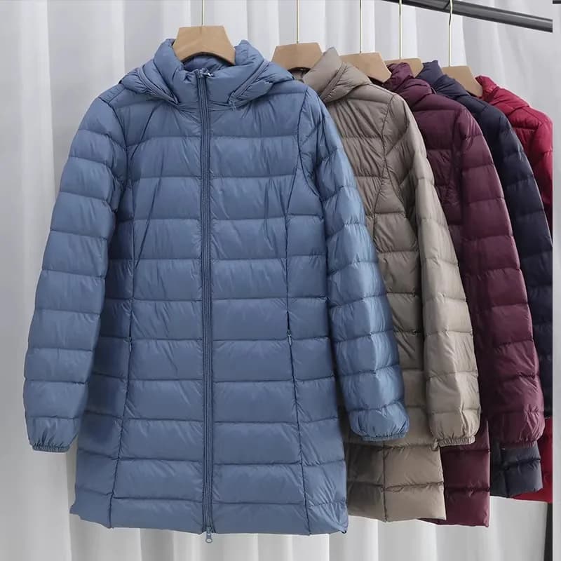 Piumino Leggero da Donna, Giacca Lunga Ultraleggera Primaverile e Autunnale con Cappuccio, Modello Slim