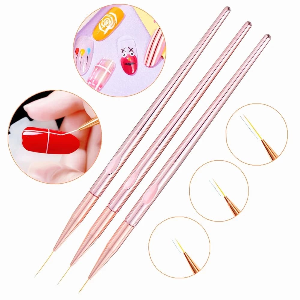 Set di 3 Pennelli per Nail Art, Pennelli per Gel UV, Pennelli per Disegno Floreale e Stripping in Oro Rosa, Kit di Strumenti per Manicure