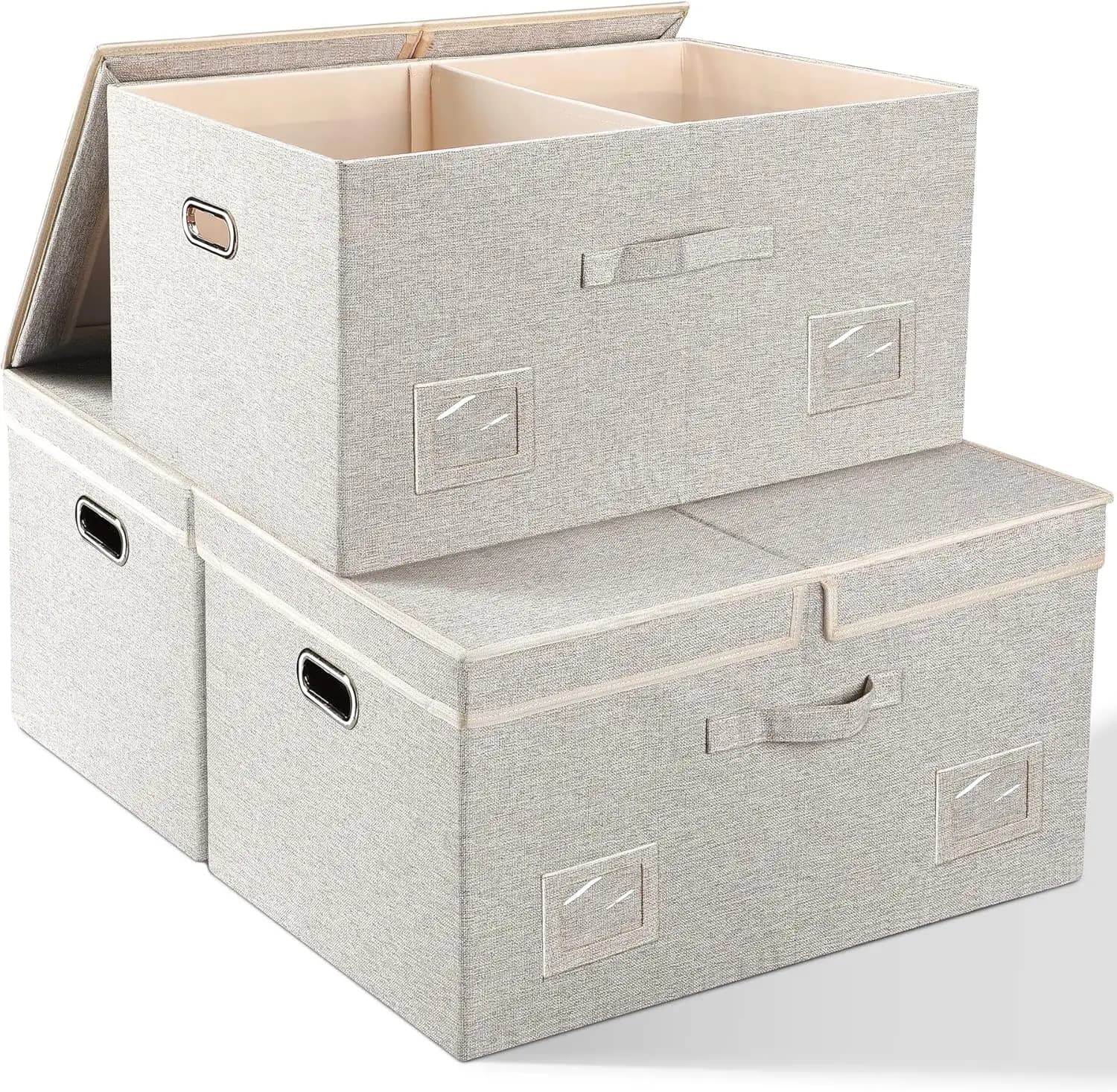 Contenitori Decorativi Extra Large con Coperchi, Set da 3 Scatole Beige Pieghevoli e Impilabili per Organizzazione Domestica