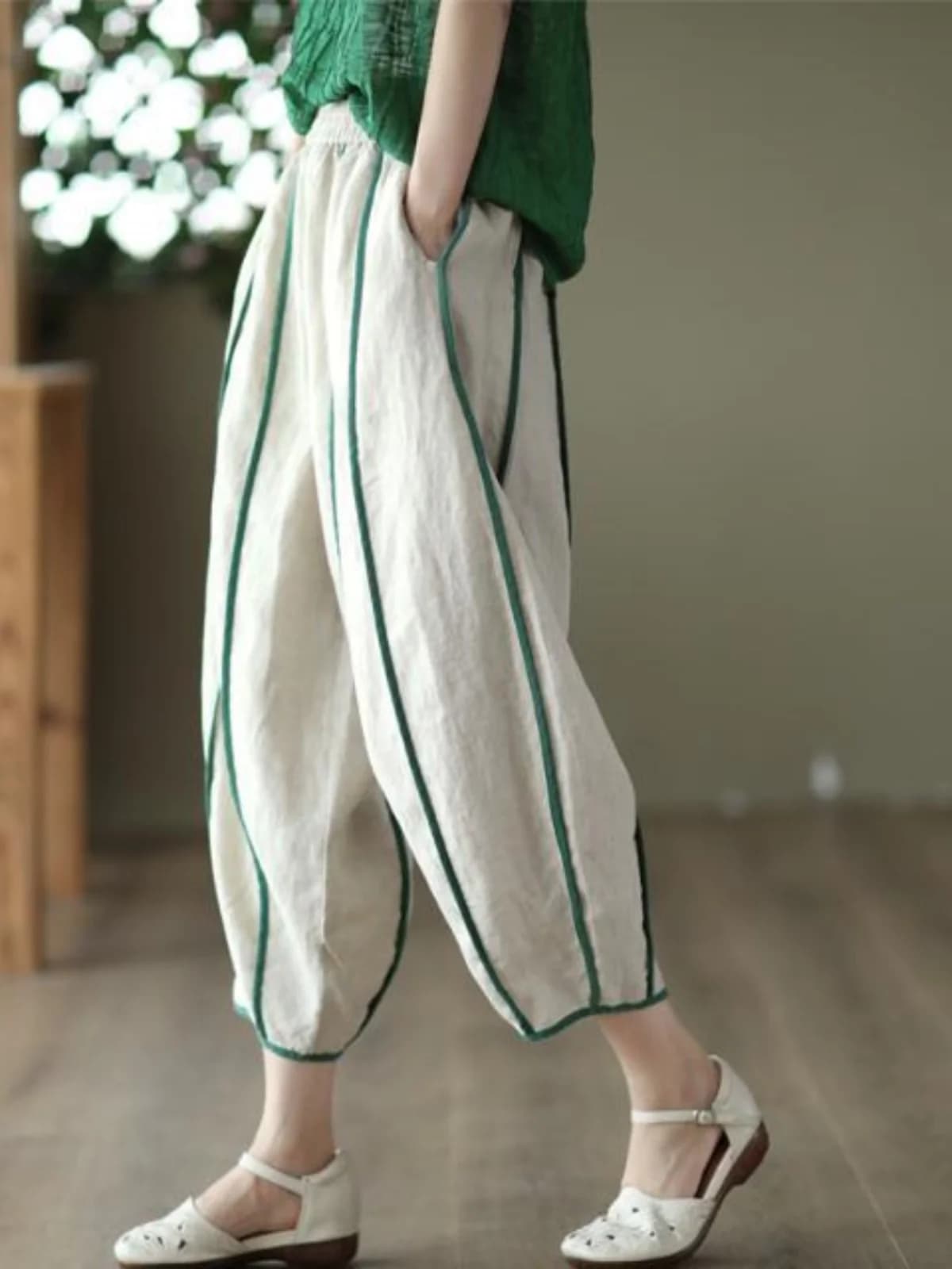 Spring Summer New Vintage Cotton Linen Women's Pants Elastic Waist Loose Fit Casual Thin Harlan Trousers Versatile White