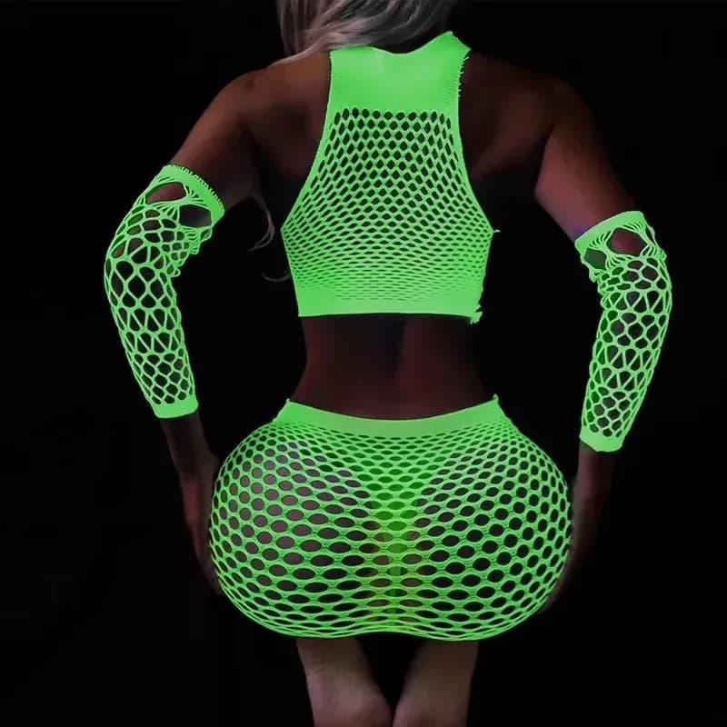 Rete da pesca trasparente da donna sexy in due pezzi set fluorescente con apertura sul cavallo bodystockings Dacne Party Club abiti sessuali luminosi