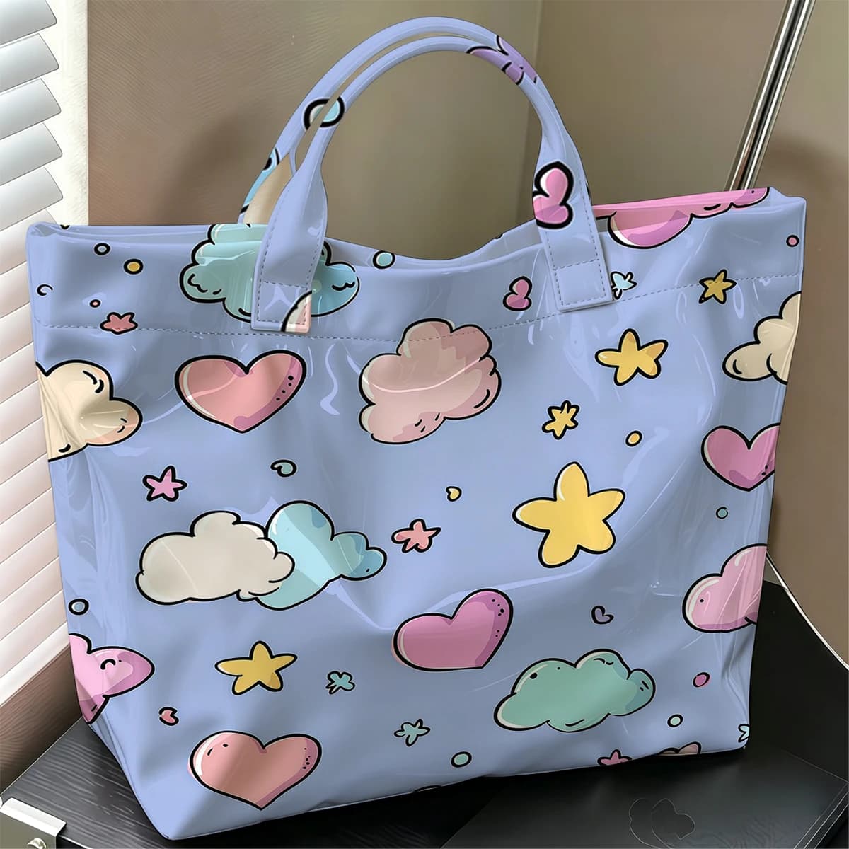 Dreamy Clouds & Stars Fashion Large Glossy PVC Tote Bag Hand Washable Waterproof Perfect Travel Commute Cosmetic Storage Shopper