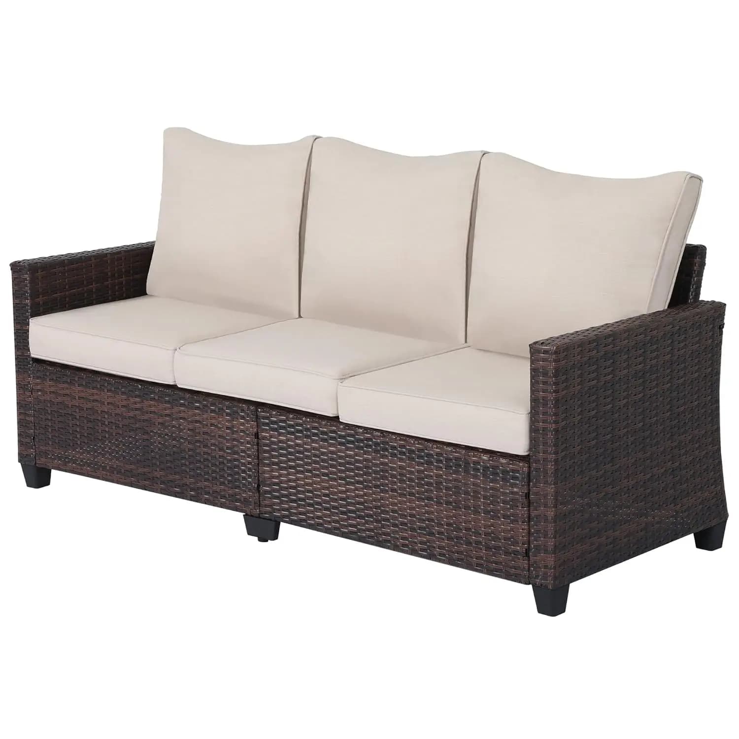 Divano da Esterno in Rattan a 3 Posti - Divano da Giardino in PE Intrecciato con Cuscini Blu Impermeabili, Telaio in Acciaio Resistente, Personalizzabile
