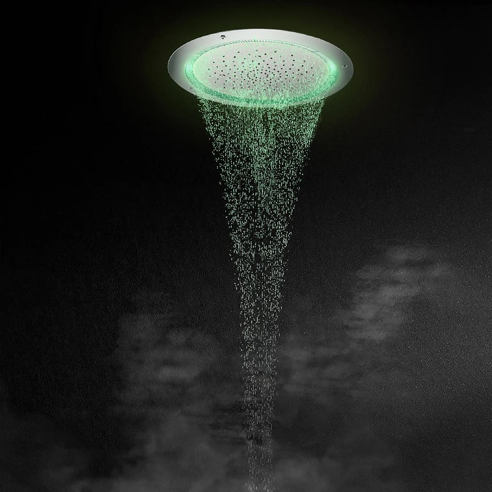 Soffione doccia a pioggia a soffitto D600 LED con telecomando intelligente Uscita acqua a tenda rotonda multifunzione per docce nascoste