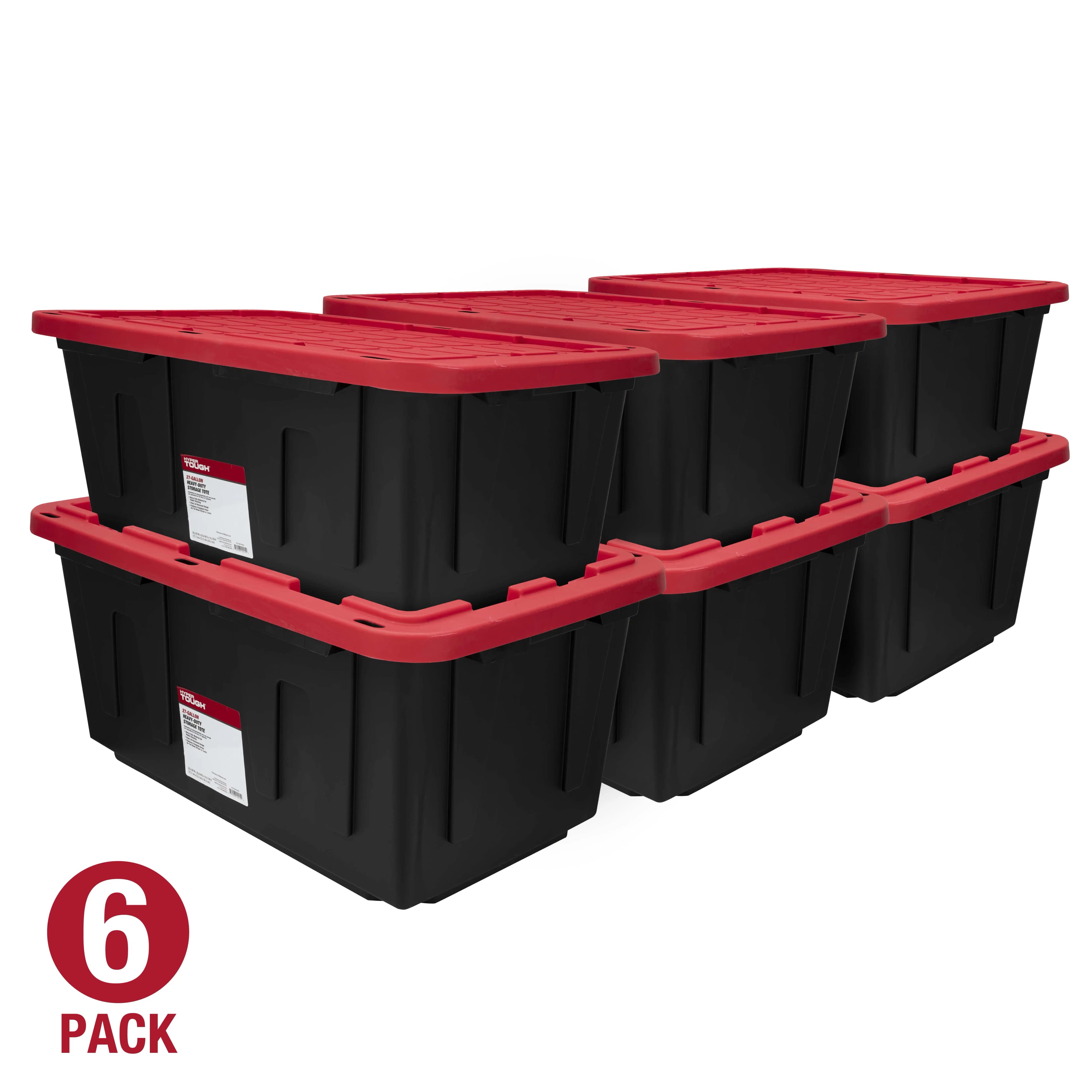 (confezione da 6) Contenitore portaoggetti grande iper resistente, contenitore portaoggetti in plastica da 27 galloni con coperchio a scatto, nero e rosso