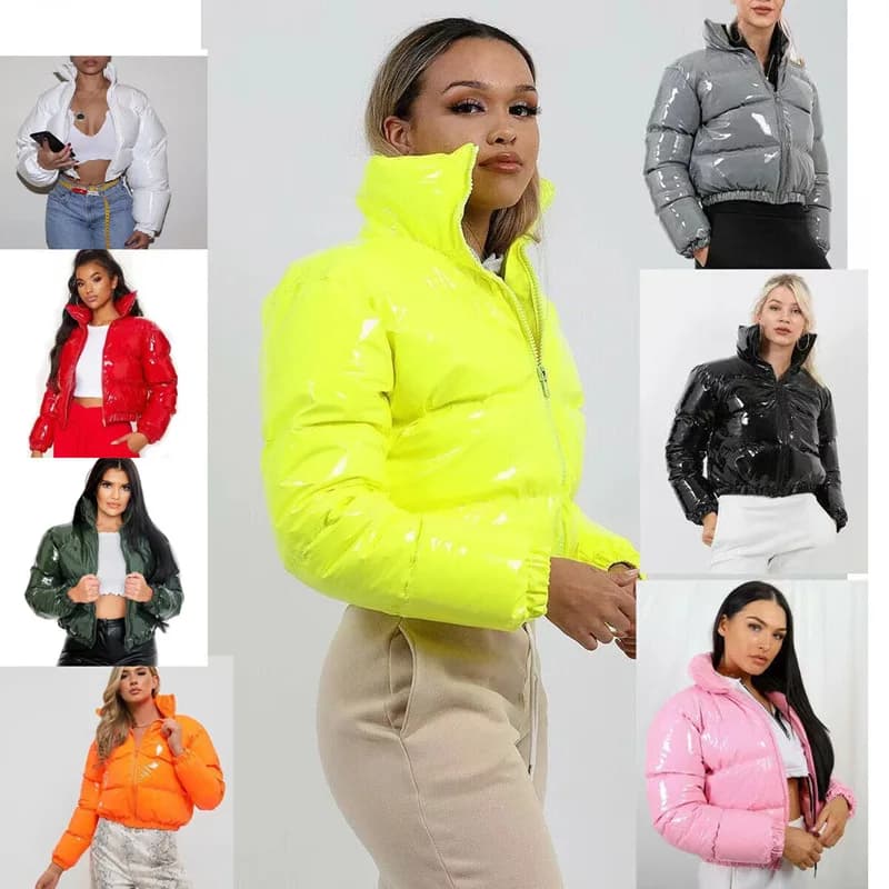 Women's Pink Cute Short Bright PU Down Coat Large Zipper Bread Coat Cotton Coat Warm Bubble European Multi Color