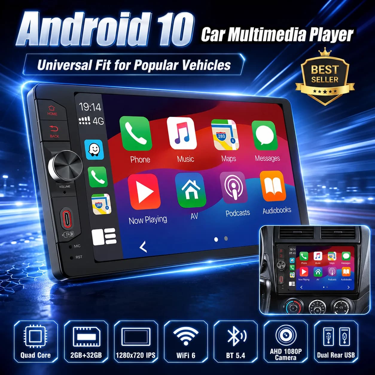 Autoradio universale 2 DIN Android 10 da 9/10 pollici, autoradio Android con GPS, sistema multimediale centrale intelligente per auto, Android Auto XFY