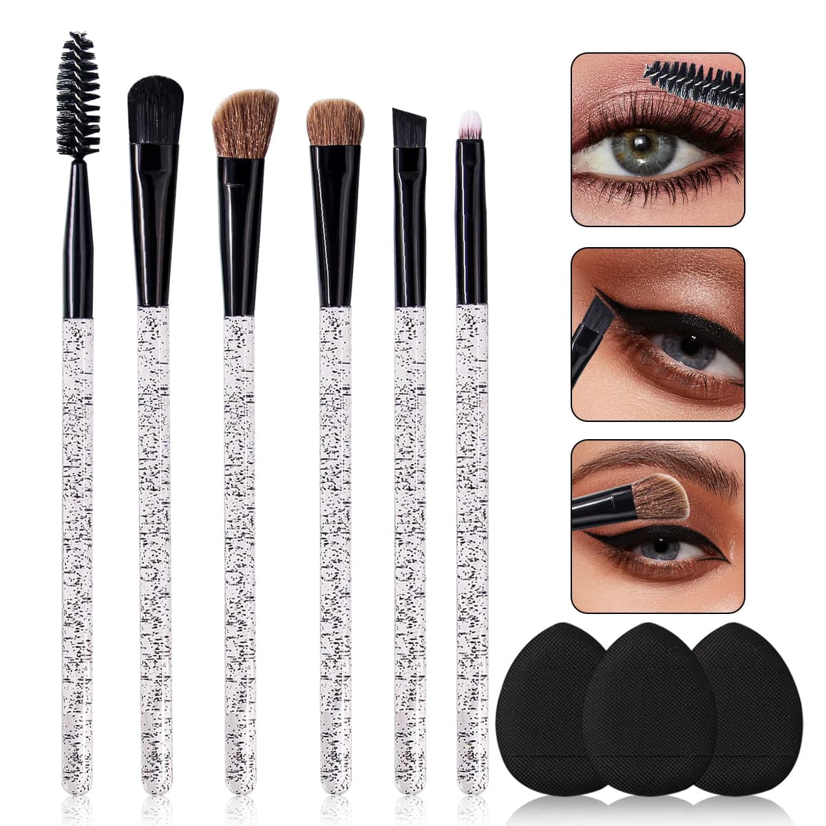 9pcs makeup tools include eyeshadow brush, mascara brush, eyeliner brush, contour brush, concealer brush mini sponge powder puff