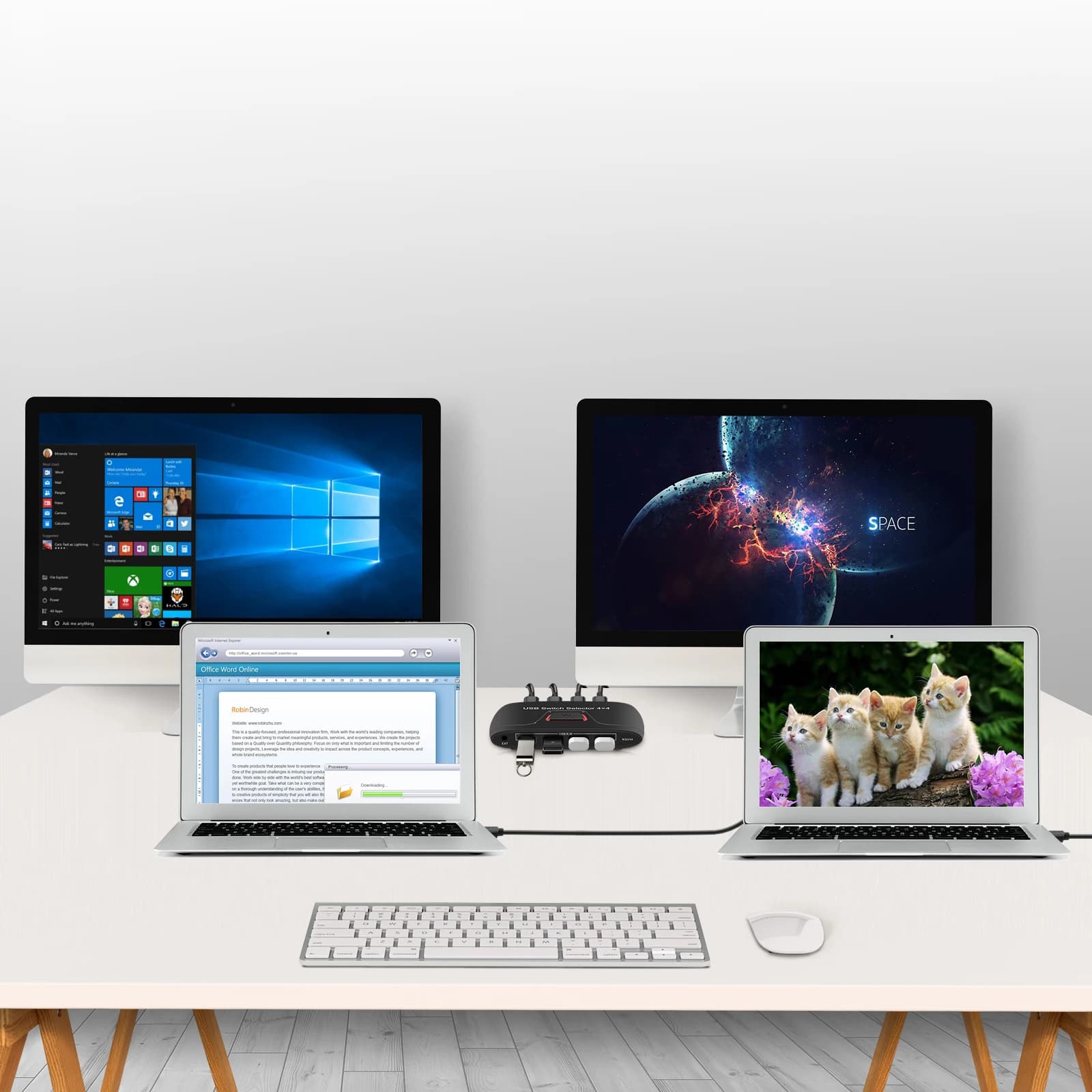 Selettore switch KVM USB Switcher USB con extender 4 computer condividi 4 porte hub USB per tastiera mouse stampante disco U