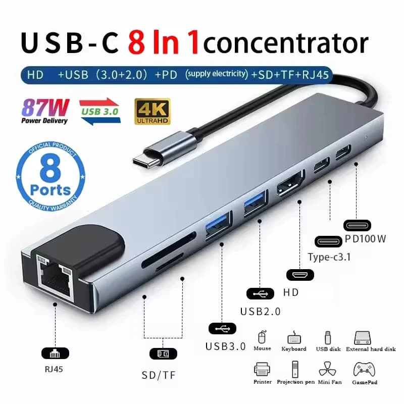 Hub USB-C 8-in-1 con Docking Station HDMI, Adattatore per Laptop, Lettore Schede SD/TF e Ricarica Rapida PD per MacBook e Notebook