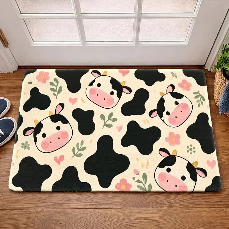 Cute Cartoon Cow Print Floral Heart Door Mat Non Slip Entrance Doormat Cow Spots Pattern Rug for Front Door Bedroom Decor