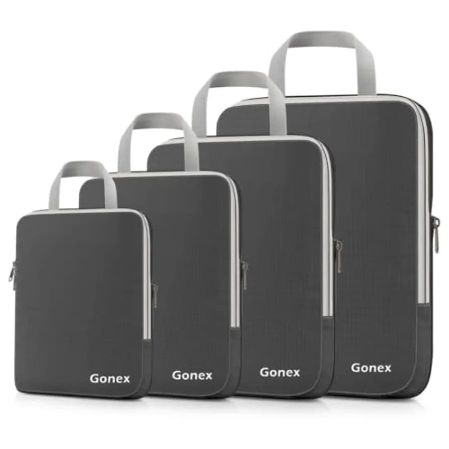Cubi di Compressione per Valigie 4 Pezzi, Organizzatori Espandibili per Bagagli da Viaggio in Grigio Scuro per un'Efficiente Organizzazione della Valigia