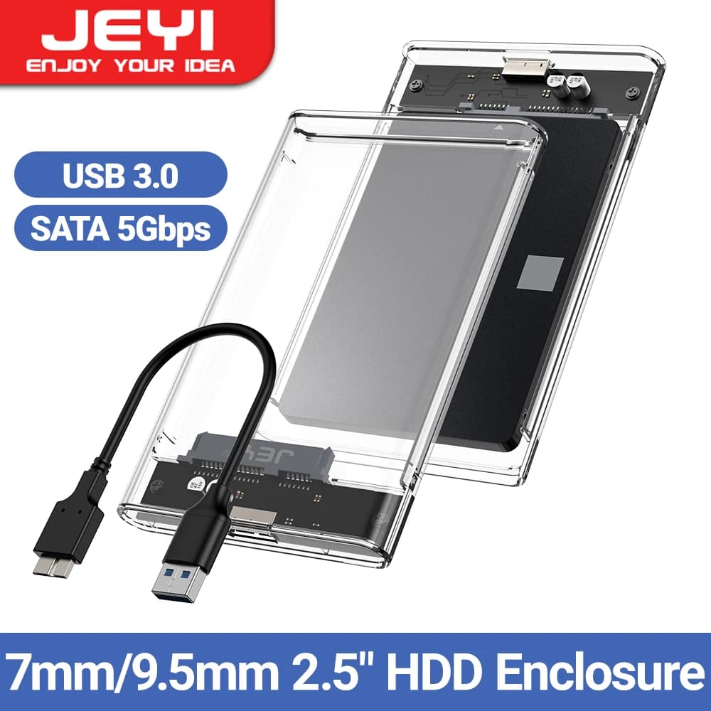 JEYI Custodia per HDD esterna da 2,5'' senza attrezzi - USB 3.0 a SATA III, raffreddamento trasparente, compatibile con HDD/SSD SATA da 7 mm/9,5 mm