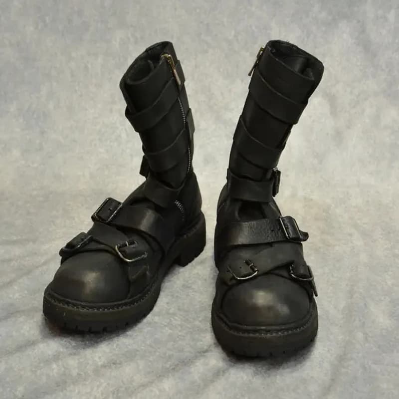 Men's Multi Buckle Straps Chunky Heels Mid-Calf Boots 2026 Side Zipper Round Toe Work Boots Fashion Gothic Boots Men Shoes