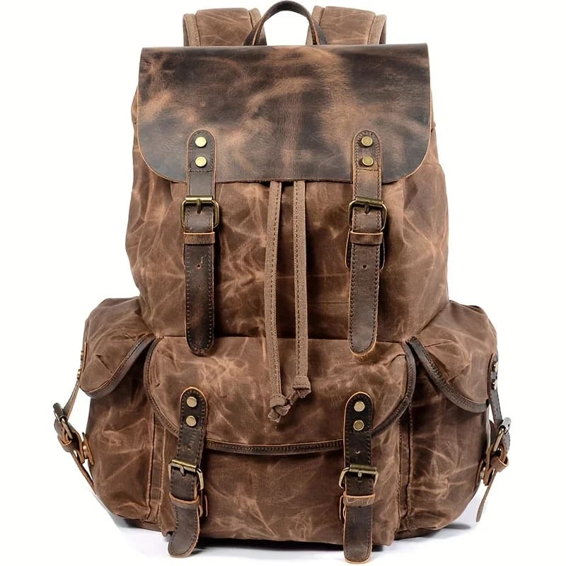 Vintage Men'S Leather Backpack, Waxed Canvas Shoulder Bag for Travel, Casual Laptop Bag, Suitable for Both And .