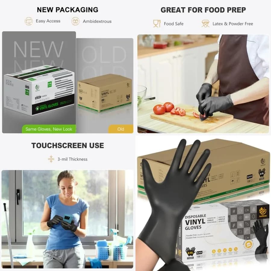Guanti in Vinile Nero SWIFTLITE, Guanti Monouso Senza Lattice e Senza Polvere per Alimenti, Guantes per Pulizie, Cucina e Preparazione Cibo