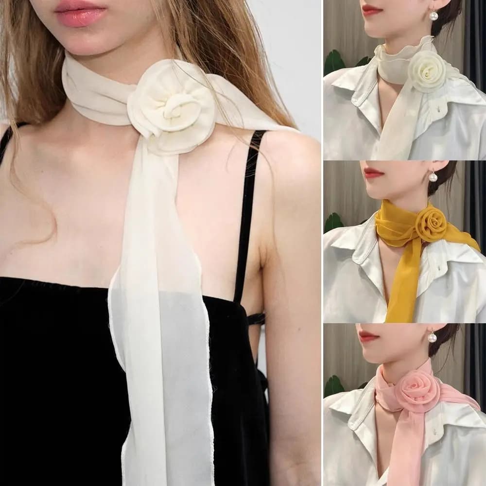Sciarpa di chiffon di lusso alla moda Sciarpa floreale elegante e alla moda Sciarpa versatile staccabile con decorazione rosa per regali per donne e ragazze