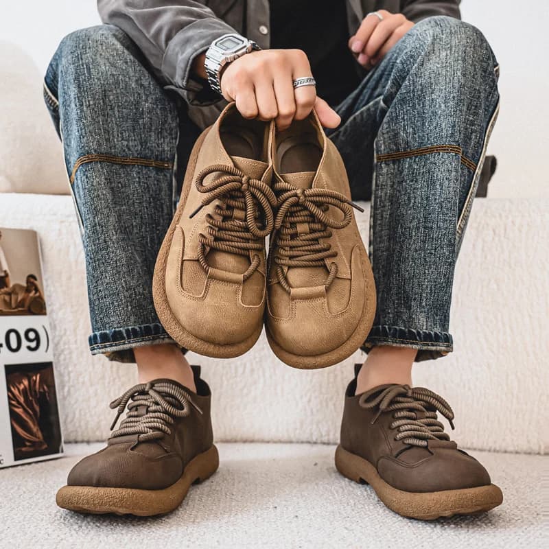 Men Casual Shoes Big Head Classic Flat Shoes Designer Genuine Leather Fashion Male Work Boots Non-slip Comfortable Walking Shoes