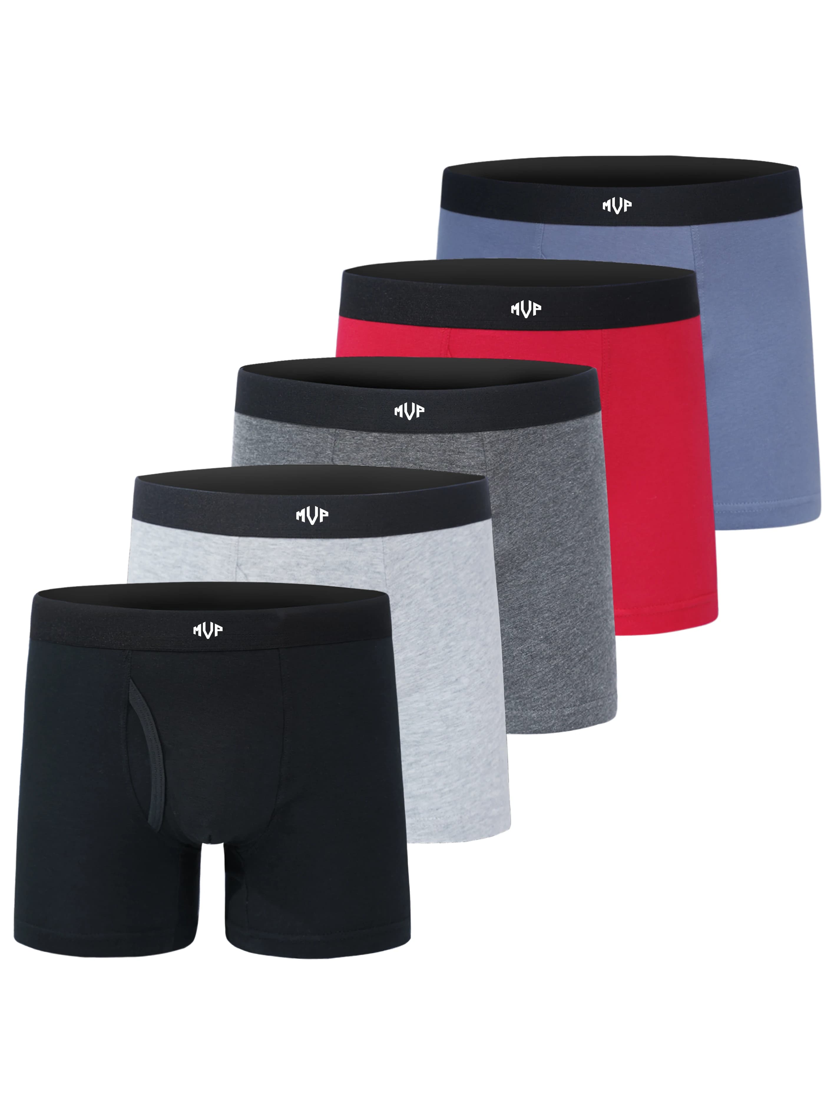 5 Pack Men's Cotton Boxer Briefs Open Fly MVP Letter Printed Elastic Waist Soft Stretch Breathable Daily Basic Underwear Multipa