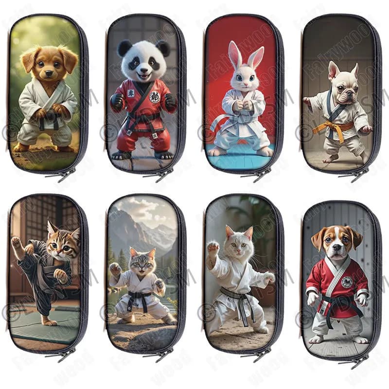 Custodia per cosmetici con stampa di cani e gatti per arti marziali Taekwondo / Aikido Panda Astuccio per penne Porta pennelli Borsa per trucco Materiale scolastico