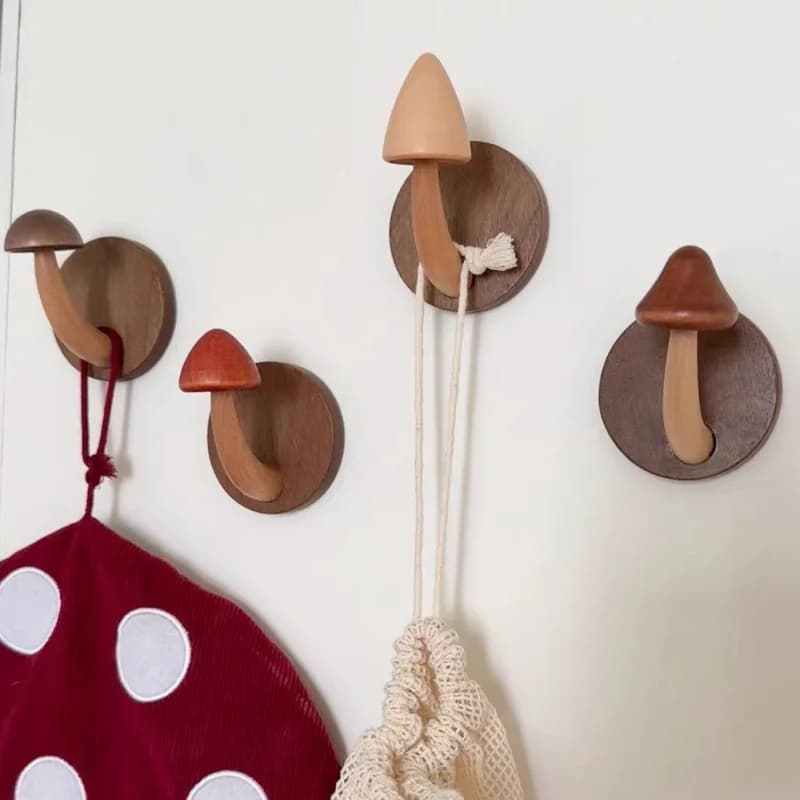 Foratura/Senza foratura Ganci da parete in legno Decorazioni a fungo Gioielli Cappello Cappotto Appendiabiti Rack di stoccaggio Detersivo ganci per porta