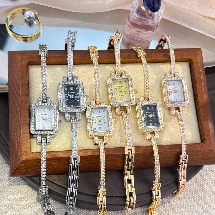 Luxury Square Digital Wrist Watch With Full Diamonds For Women Exquisite Gold Wristband Gift Watch Relogio Female