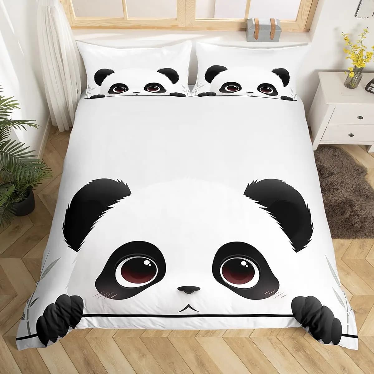 Set copripiumino simpatico panda Twin Queen Set biancheria da letto per animali selvatici dei cartoni animati Minimalismo Copripiumino disegnato a mano Decorazioni per la camera Kawaii