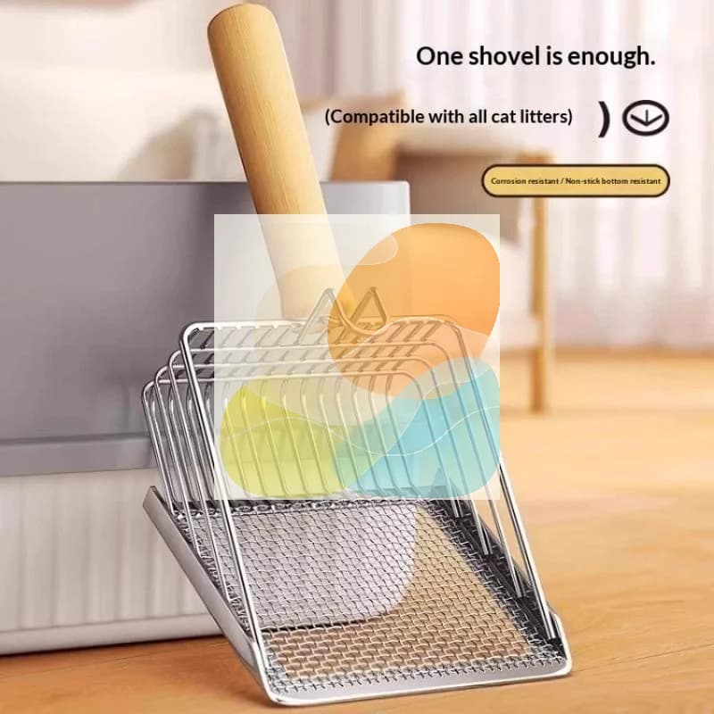 Cat Litter Shovel High Hardness Metal Scoop with Ergonomic Wood Handle Hook Portable Pet Waste Sifter for Travel