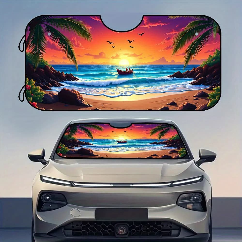 1pc Tropical Sunset Beach Palm Trees Stampa Parabrezza per auto Parasole - Visiera parasole anteriore pieghevole, adatta a tutti i veicoli, Po durevole