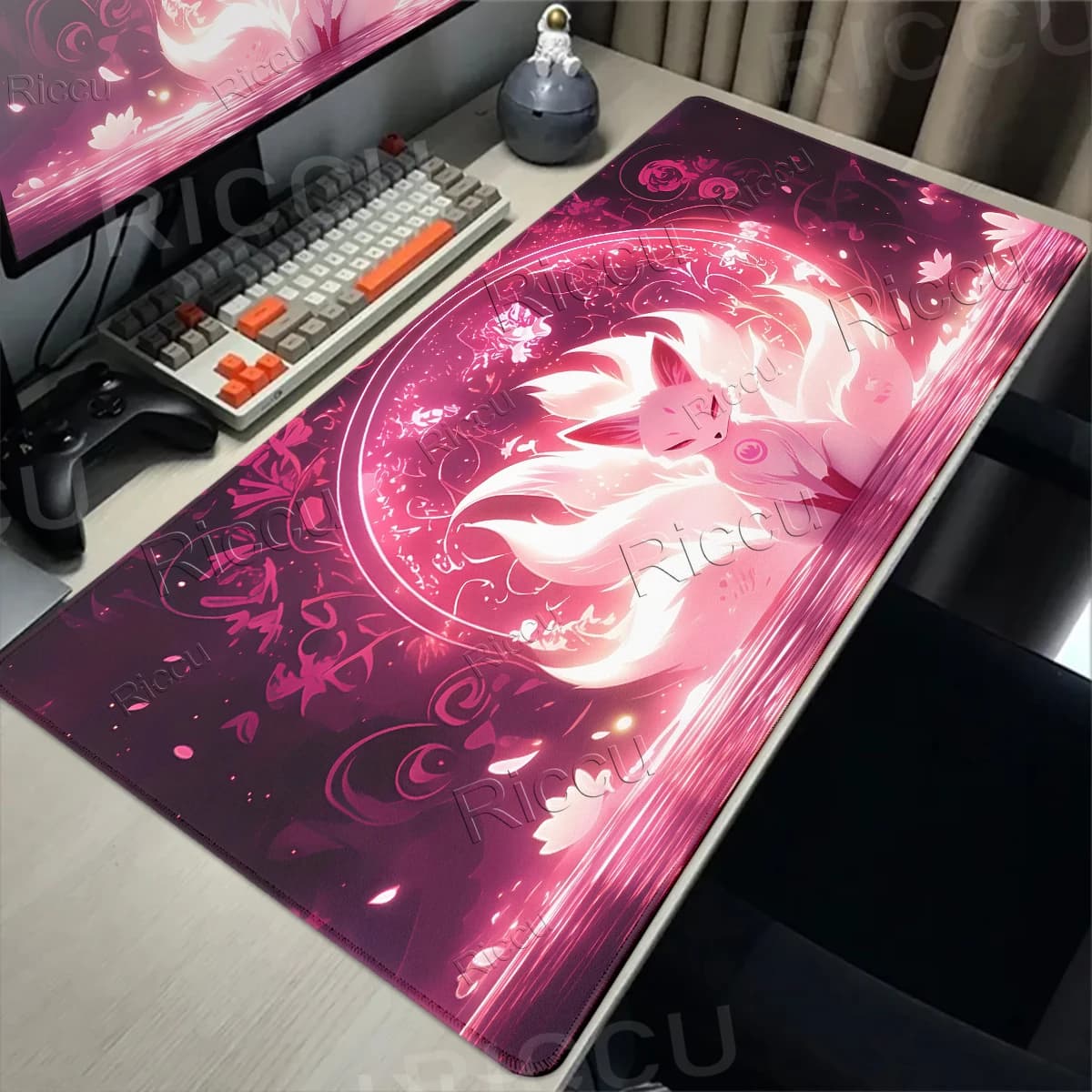 Pink Fox Mouse Mat Anime Mythical Style Mousepad Natural Rubber Gaming Table Pad Extended Nonslip Office Computer Mouse Desk Mat