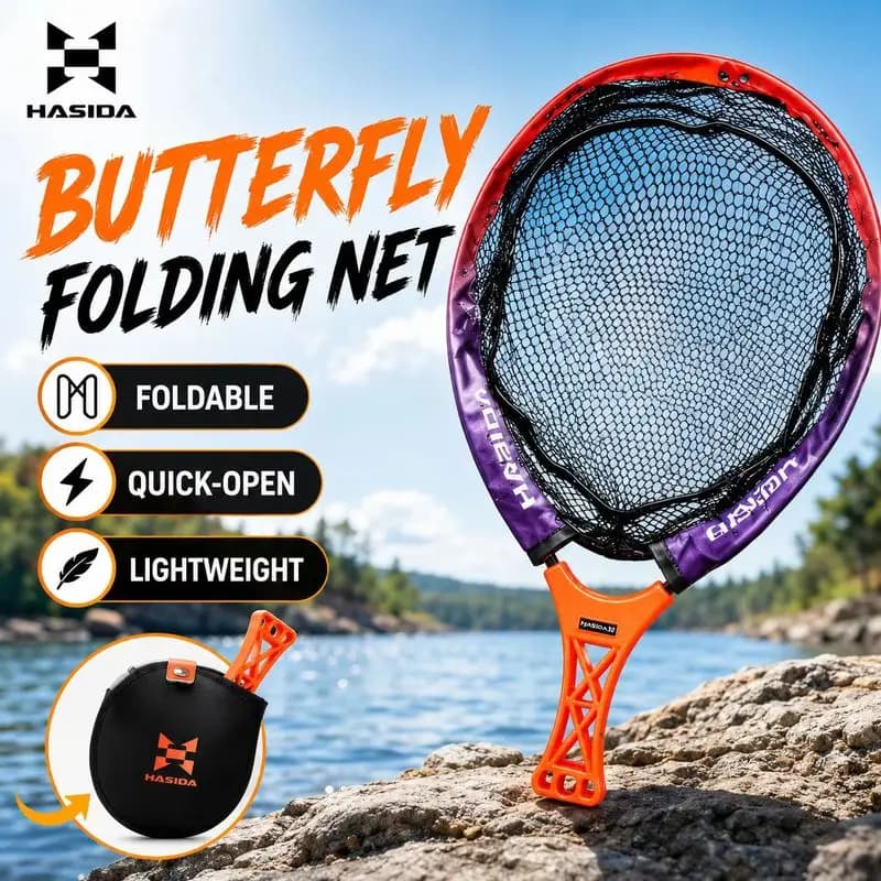 HASIDA Butterfly Pocket Landing Net 184g Lightweight Foldable Silicone Mesh Quick-Open Handheld Fishing Net for Freshwater
