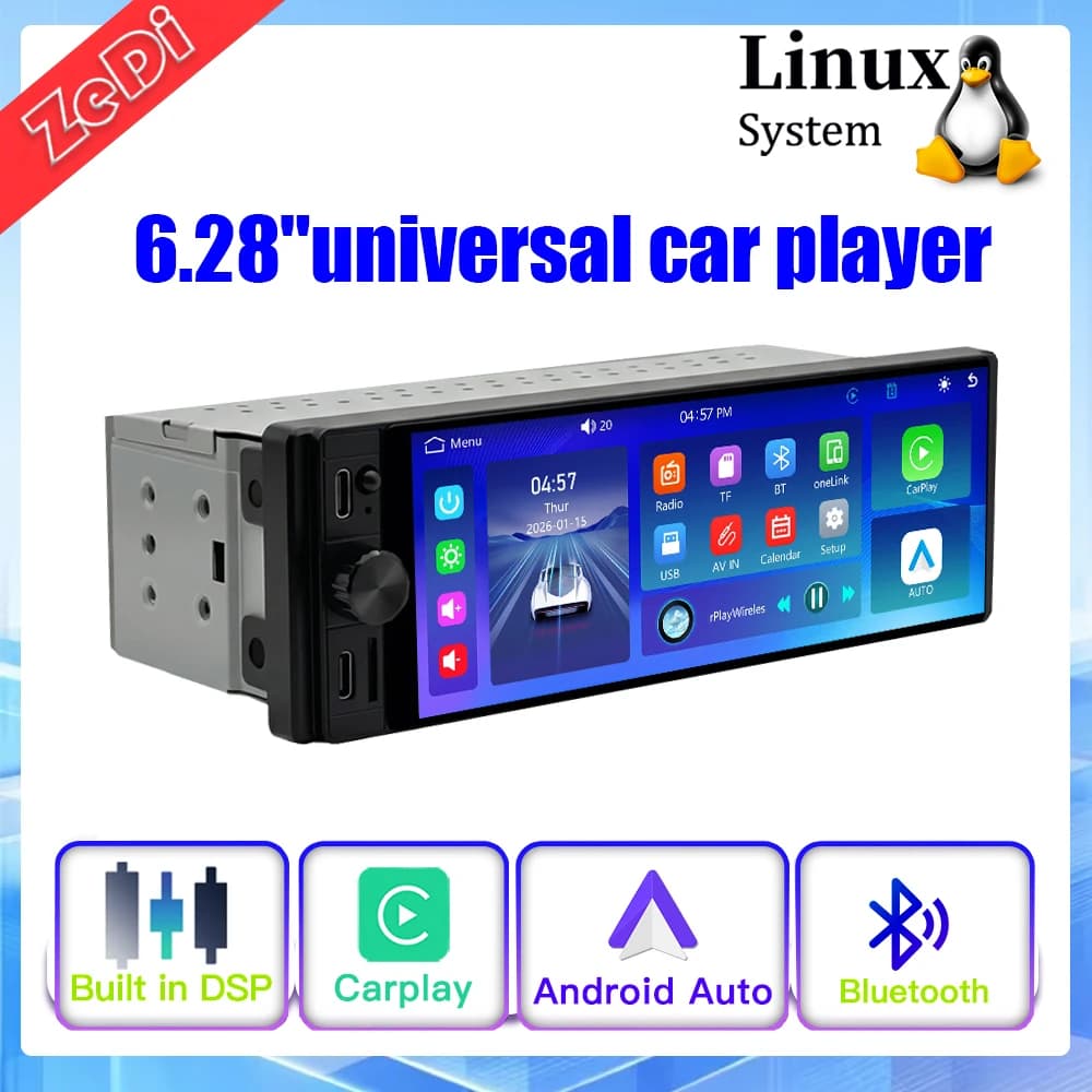 Universal 6.28 Car Multimedia Reader with New Linux System, CarPlay Wireless, Bluetooth and Camera