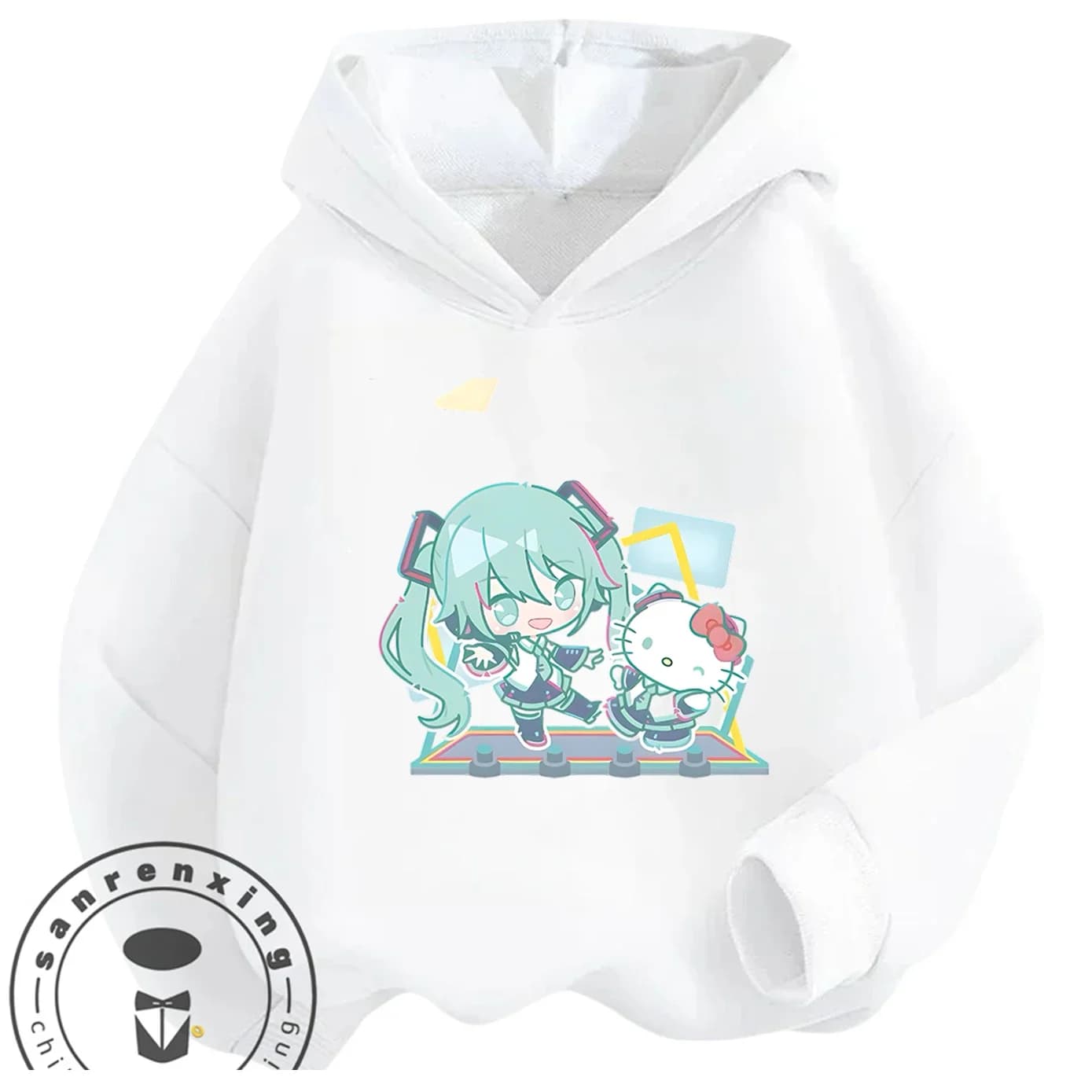 Felpa casual con cappuccio Hatsune Miku, elegante motivo anime, abbigliamento minimalista da strada per tutti i giorni, per 3-14 anni