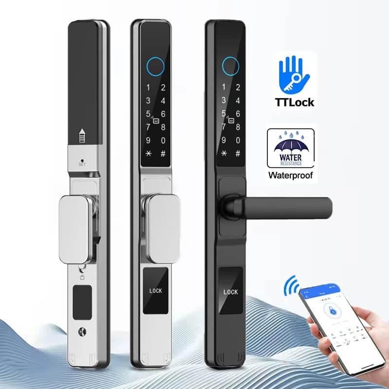 Smart Lock impermeabile con impronta digitale TTLock APP Bluetooth Codice scheda RFID Serratura elettronica senza chiave Porta scorrevole in alluminio/vetro