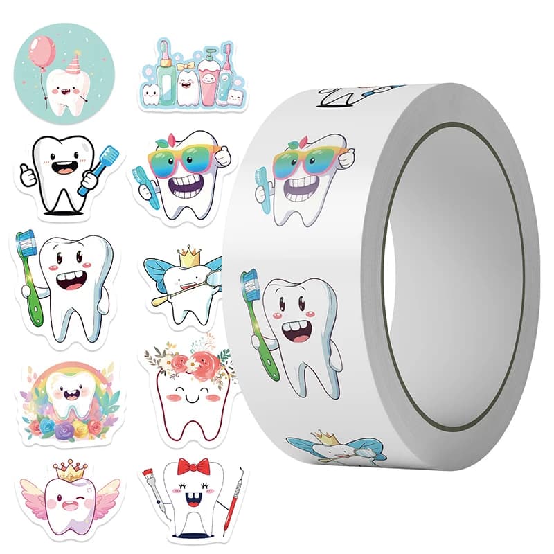 500 Fogli/Rotolo Adesivi Cartoon Protettivi per Denti per Bambini Studenti Graffiti Laptop Cancelleria Adesivi Carini Regali per Cliniche Dentali