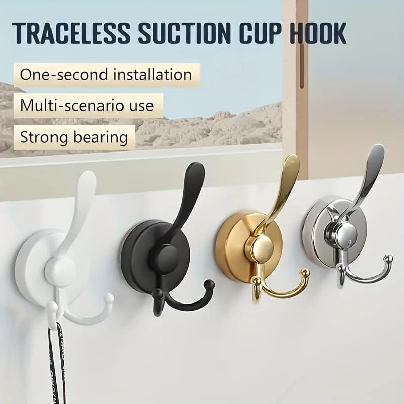 1-piece stainless steel suction cup double hook, suitable for bathroom glass, wall, towel and bathrobe hooks